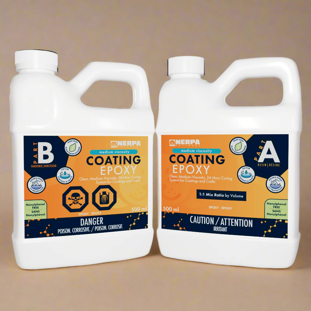 Two bottles of epoxy coating with labels on a beige background