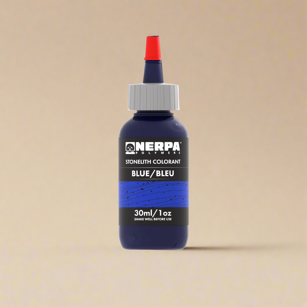 Blue bottle of Nerpa Stonelith Colorant with red cap on a white background