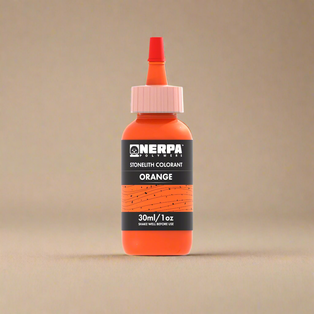 Orange bottle of Nerpa Polymers Stonelith Colorant on a white background