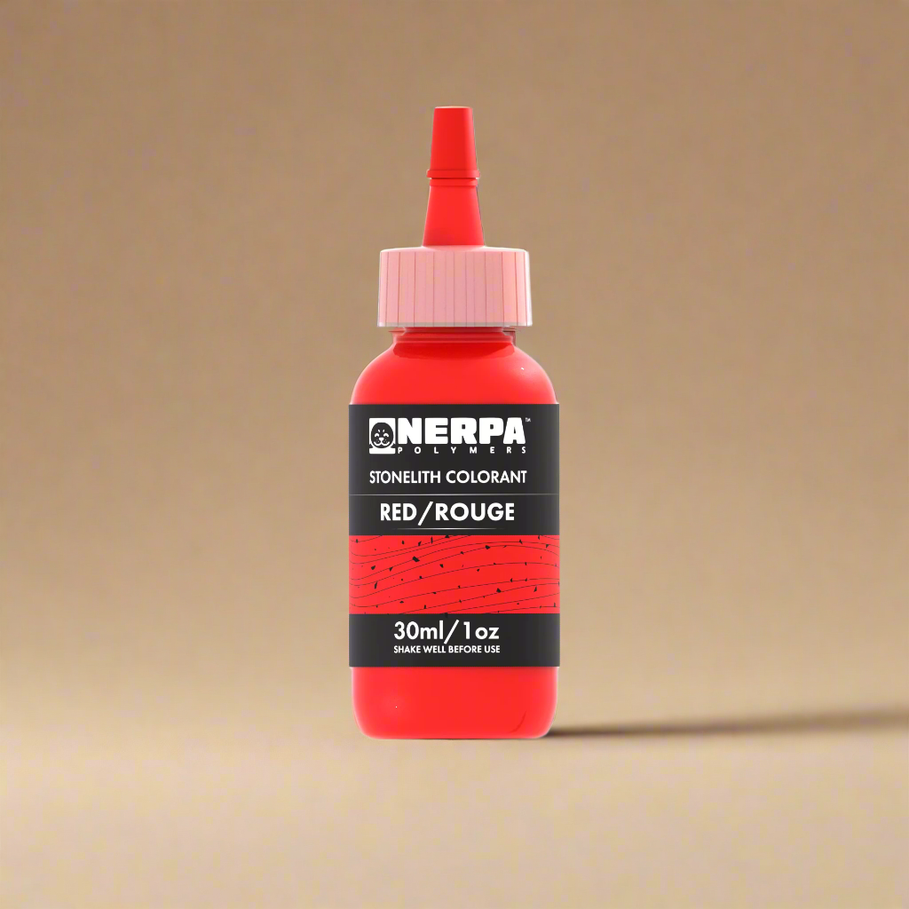 Red bottle of Nerpa stonelith colorant on a white background