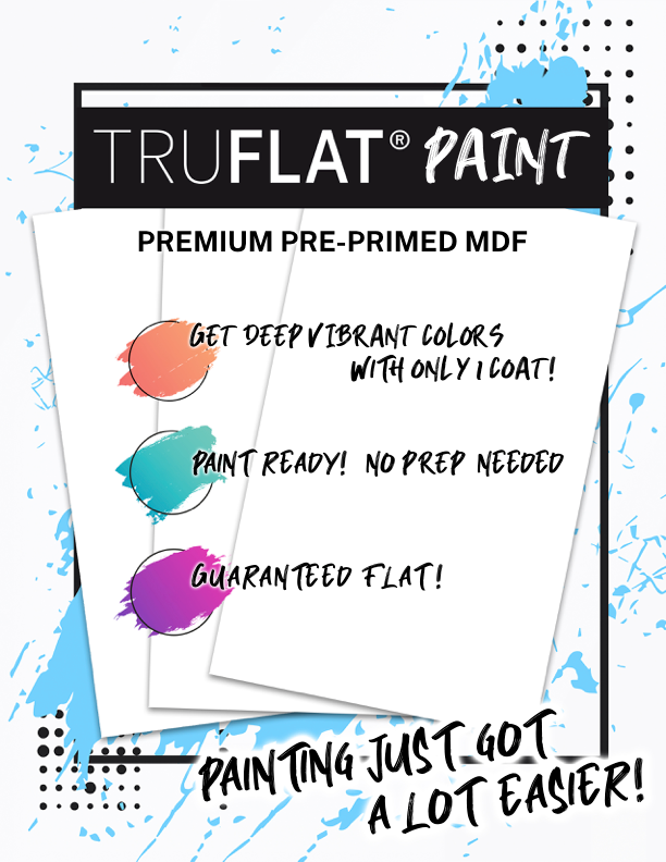 TruFlat Paint advertisement with color swatches and promotional text on a colorful background
