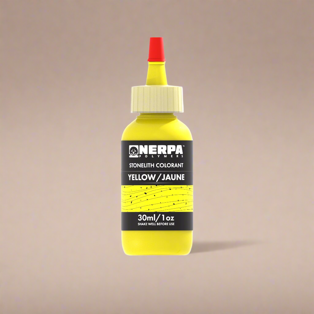 Yellow bottle of Nerpa stonelith colorant on a white background