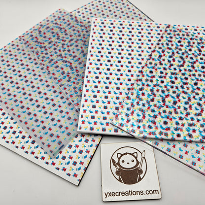 Colorful patterned sheets sheets with a logo and website text on a light gray background