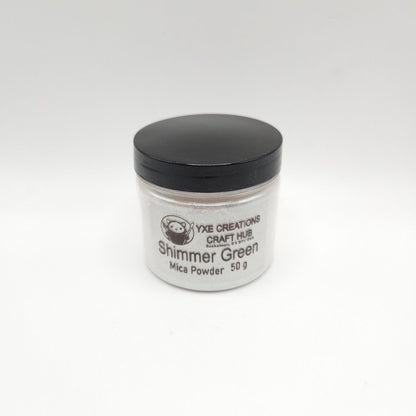 Shimmer Green Mica Powder - 50 g jar top view