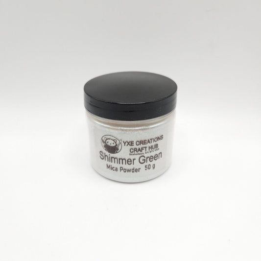 Shimmer Green Mica Powder - 50 g jar top view