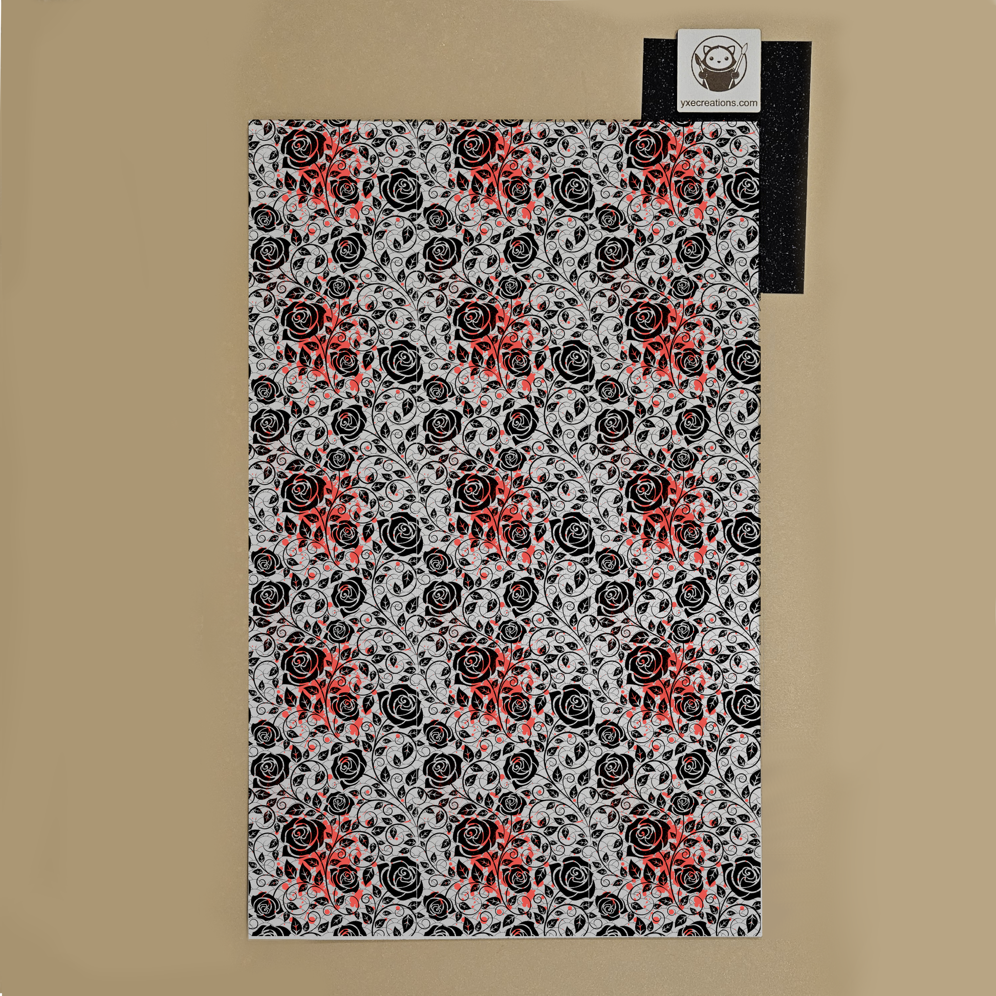 Floral patterned sheet with Black Roses and Red Paint for laser cutting and craft on a beige background "Next Level Sheet"