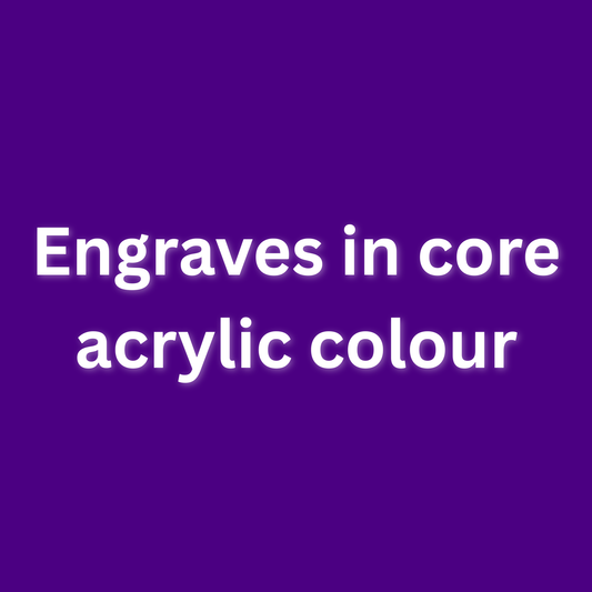 Text 'Engraves in core acrylic colour' on a purple background