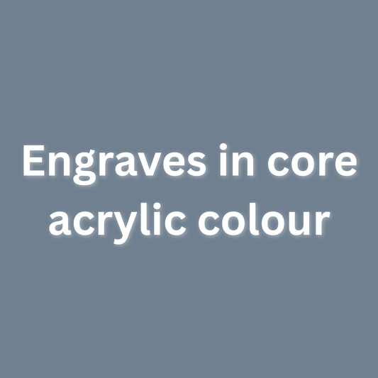 Text 'Engraves in core acrylic colour' on a blue background