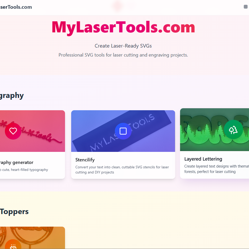 MyLaserTools.com website with various design tools and examples on a white background.