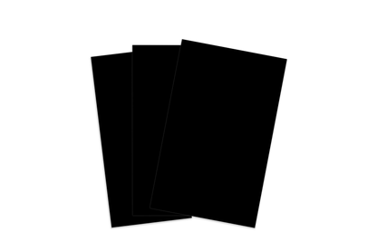 Three black sheets of paper on a white background