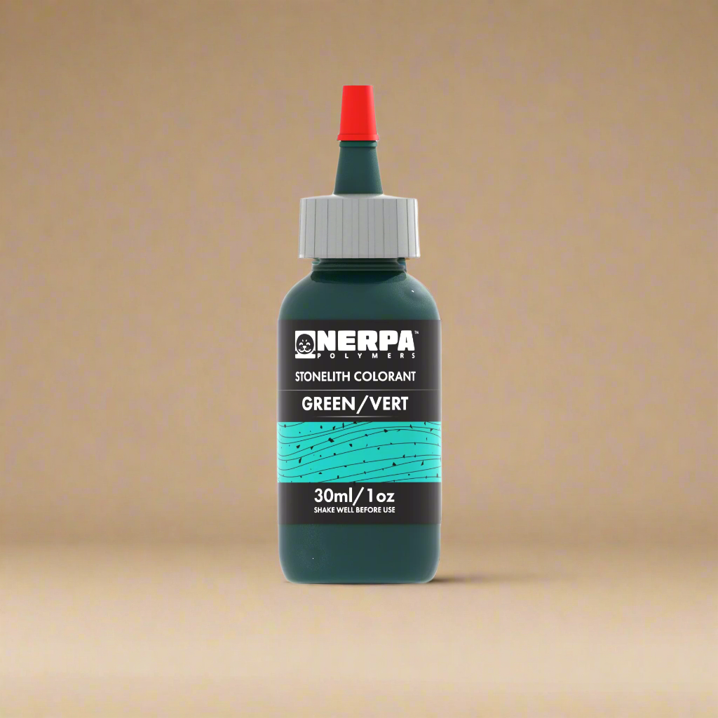 Bottle of Nerpa Stonelith Colorant in green on a white background