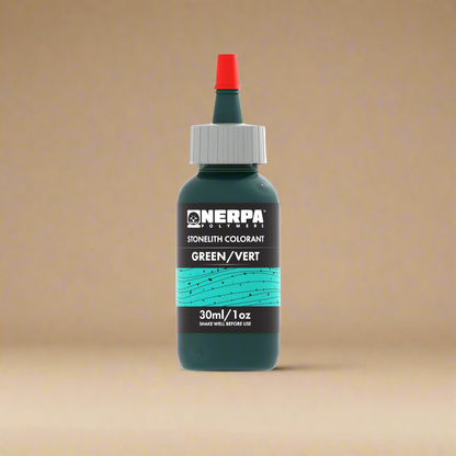 Bottle of Nerpa Stonelith Colorant in green on a white background