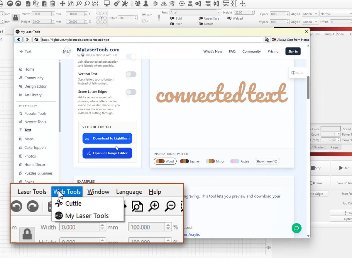 MyLaserTools open inside LightBurn from the Web Tools menu, with the Download to LightBurn button