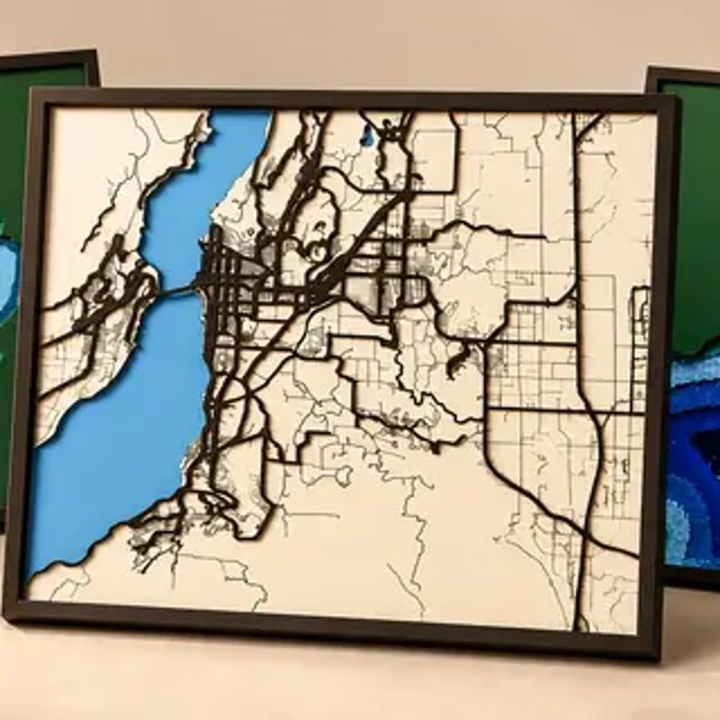 Layered laser-cut city map made with MyLaserTools Map Designer