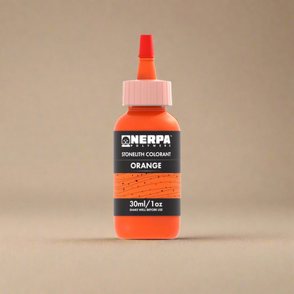 Orange bottle of Nerpa Polymers Stonelith Colorant on a white background