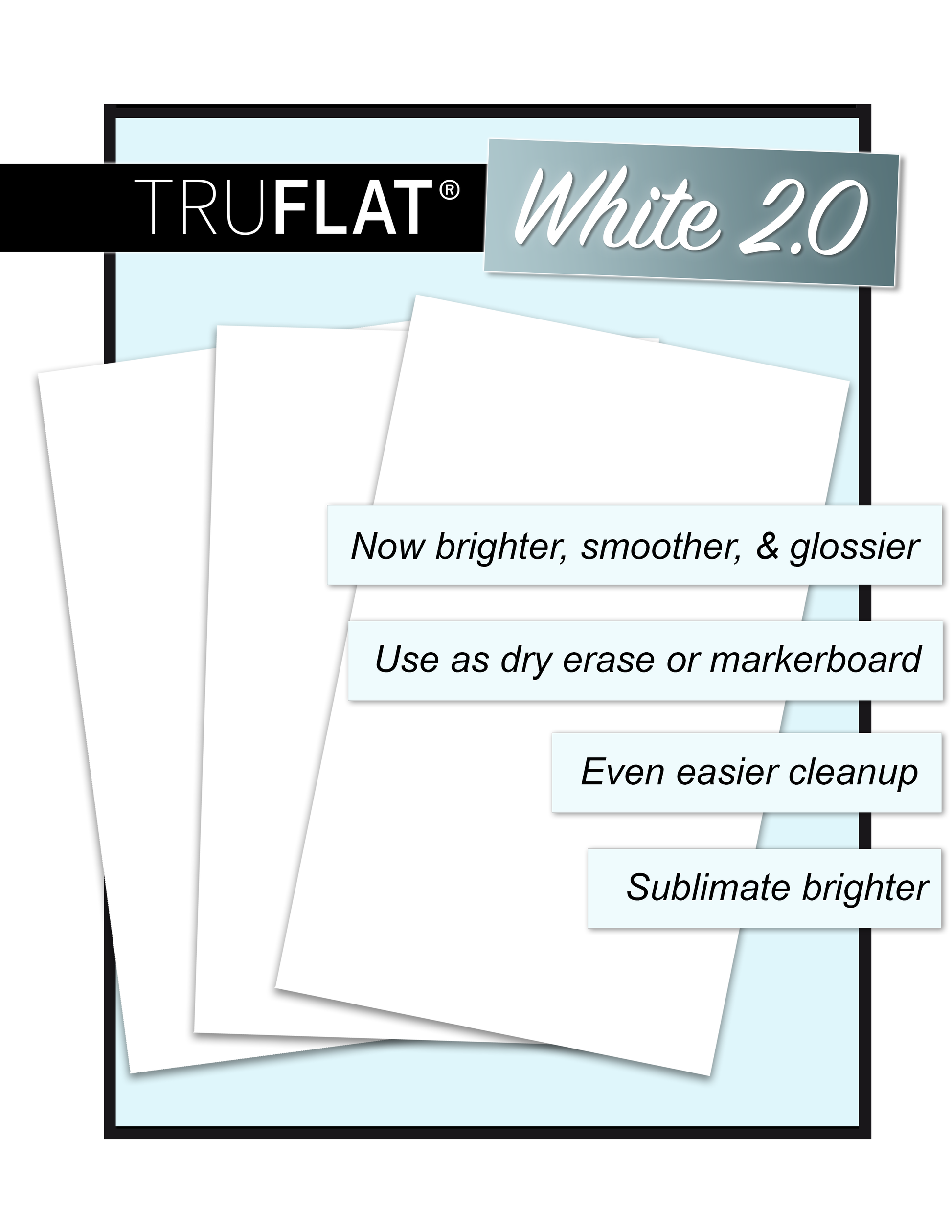 TRUFLAT White 2.0 sheets with text on a light blue background