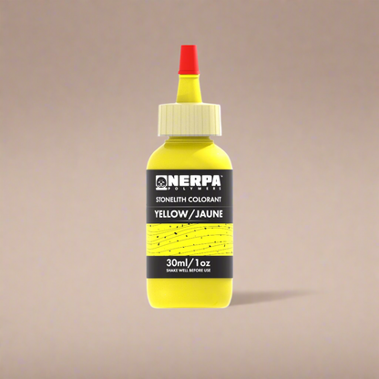 Yellow bottle of Nerpa stonelith colorant on a white background